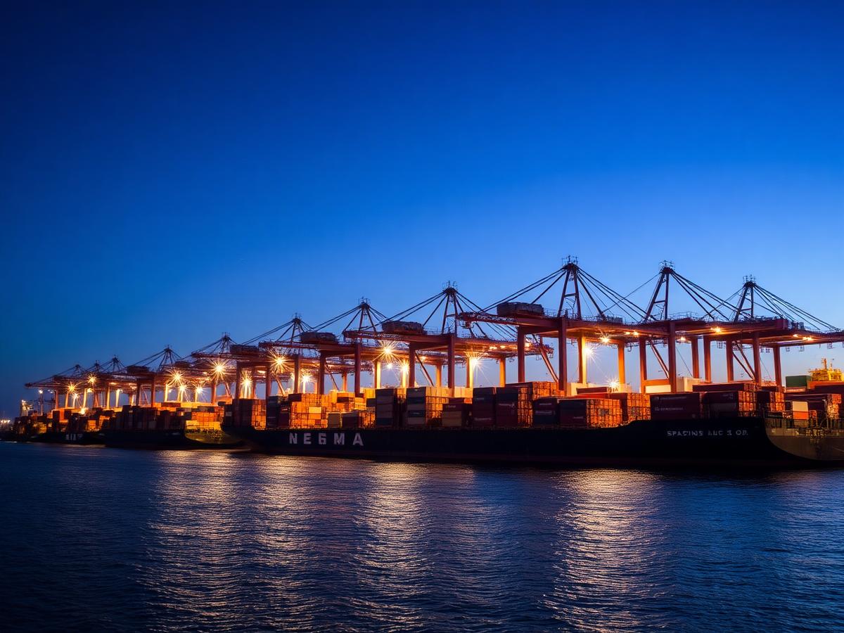 Containerterminal im Hafen bei Dämmerung